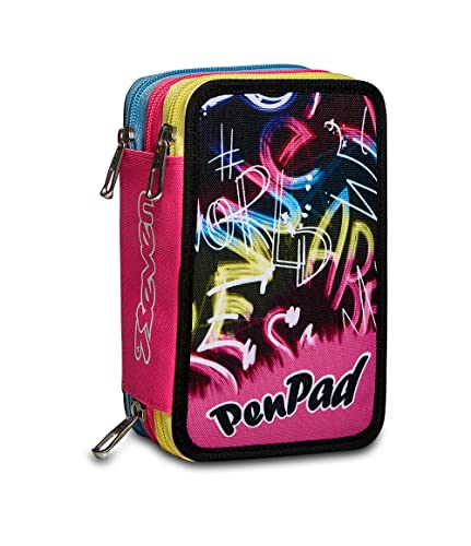 Federmäppchen SEVEN, Mäppchen, mehrfarbig, Federtasche für Schreibwaren, Etui mit Stiften, Kugelschreiber, & mehr, 3 Fächer, Mädchen & Jungen, Schule - Grundschule, XXL JET BLACK pink/gelb/schwarz von Seven