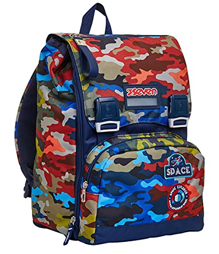 Seven Rucksack, Backpack für Schule, Uni & Freizeit, Erweiterbarer Schulranzen, Geräumige Schultasche für Teenager, Mädchen und Jungen, Extra Platz, blau/rot CAMO STAINS von Seven