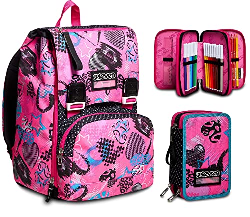 RUCKSACK SEVEN GIRL Uni & Freizeit,Erweiterbarer Schulranzen, Schultasche für Teenager,+ Federmäppchen, Mäppchen,Kugelschreiber,3 Fächer, Mädchen & Jungen, Schule - Grundschule,Fuxia rosa/blau/schwarz von Seven