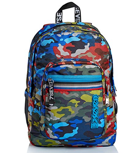 Seven Rucksack für Schule, Sport und Freizeit, Geräumige Schultasche für Teenager, Mädchen und Jungen, mit Trinkflaschenfach, blau, praktisch mit USB-Anschluss, BROADER ADVENTURE CAMO von Seven