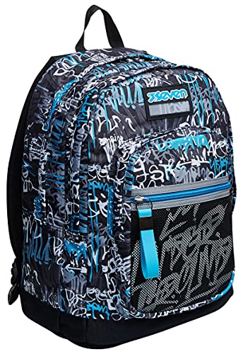 Seven Rucksack, Backpack für Schule, Uni & Freizeit, Geräumige Schultasche für Teenager, Mädchen und Jungen, mit Trinkflaschenfach, blau/schwarz, italienisches Design, NEW FIT HANDWRITTEN von Seven