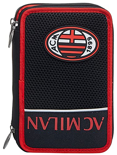Seven AC Milan Federmäppchen, Federtasche für Schreibwaren, Etui komplett mit Bleistiften, Filzstiften, Schulmaterial, mit 3 Fächern, Mädchen, Schule - Grundschule, XXL Fußball rot schwarz von Seven