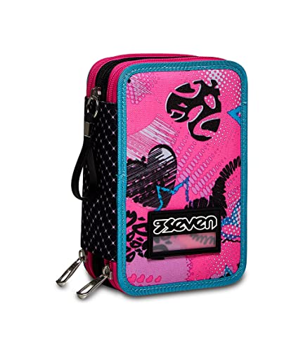 Federmäppchen SEVEN, Mäppchen, mehrfarbig, Federtasche für Schreibwaren, Etui mit Stiften, Kugelschreiber, & mehr, 3 Fächer, Mädchen & Jungen, Schule - Grundschule, XXL Candy Fuxia rosa/blau/schwarz von Seven