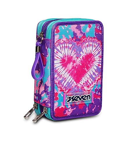Seven Federmäppchen, Mäppchen, mehrfarbig, Federtasche für Schreibwaren, Etui mit Stiften, Kugelschreiber, & mehr, 3 Fächer, Mädchen & Jungen, Schule - Grundschule, XXL, TRENDY HEART GIRL von Seven