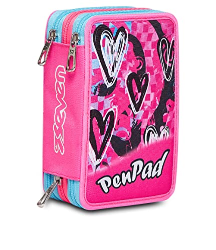 Seven Federmäppchen, Mäppchen, mehrfarbig, Federtasche für Schreibwaren, Etui mit Stiften, Kugelschreiber, & mehr, 3 Fächer, Mädchen & Jungen, Schule - Grundschule, XXL, pink von Seven