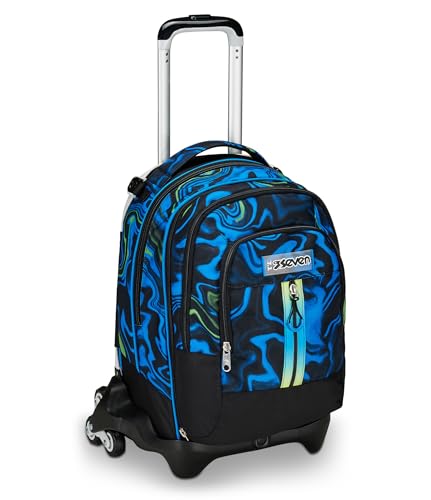Seven Detach Schulranzen mit Trolley-Funktion, Rucksack mit Rollen, zum Ziehen, für Schule Sport Freizeit, ab 1. Klasse, 3 in 1, mit Trinkflaschenfach, mit kleinem Rucksack, für Kinder, blau-schwarz von Seven