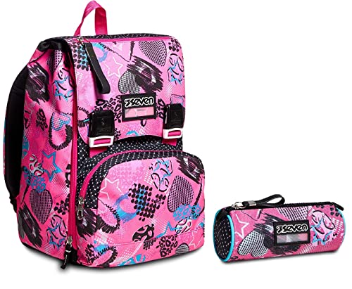 Seven RUCKSACK GIRL Backpack für Schule, Uni & Freizeit, Geräumige Schultasche für Teenager, Mädchen und Jungen,pink + Federmäppchen Federtasche für Schreibwaren, Mädchen&Jungen, Schule und Gymnasium von Seven