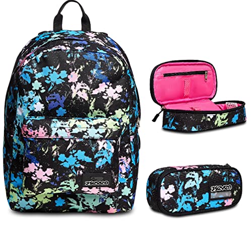 Seven RUCKSACK ISCHOOLPACK Schultasche für Teenager, Mädchen und Jungen, mit Laptopfach &Designmehrfarbiges Musterinkl. Powerbank + Federmäppchen, Mäppchen, Federtasche für Schreibwaren von Seven