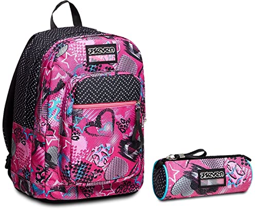 Seven RUCKSACK NEW FIT GLAMHEART GIRL Backpack für Schule, Uni & Freizeit,Mädchen und Jungen, mit Trinkflaschenfach, violett,Design + Federmäppchen Mäppchen,Schule und Gymnasium, Teenager, rosa, von Seven