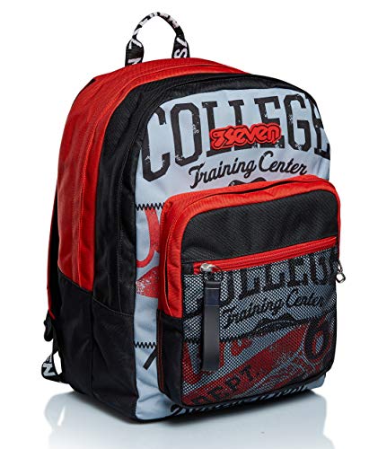 Seven Rucksack, Backpack für Schule, Uni & Freizeit, Geräumige Schultasche für Teenager, Mädchen und Jungen, mit Trinkflaschenfach, rot/grau, italienisches Design, EXTRA FIT BRIGHT COLLEGE von Seven