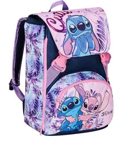Seven Schulranzen für Grundschule, Rucksack ab 1. Klasse, Erweiterbarer Tornister, Extra Volumen; Geräumige Schultasche für Mädchen und Jungen, mit Trinkflaschenfach, Lilo & Stitch, lila von Seven