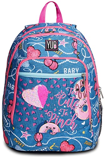 YUB Rucksack Advanced, Backpack für Schule, Uni & Freizeit, Geräumige Schultasche für Teenager, Mädchen, Gepolsterter Schulranzen; HAYRIDE, blau/pink, mit Tasche für Wasserflasche von Seven