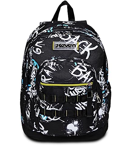 Seven Rucksack, Backpack für Schule, Uni & Freizeit, Geräumige Schultasche für Teenager, Mädchen und Jungen, mit Trinkflaschenfach, schwarz, italienisches Design; NEW FIT GRAFFITI von Seven
