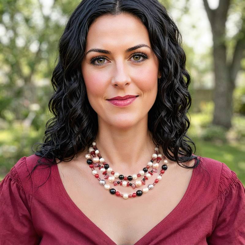 40007 3 Reihige Modehalskette in Rot, Schwarz Und Creme von SevenArtsSchmuck