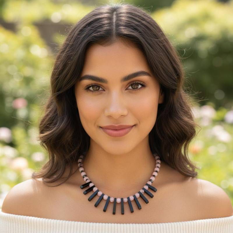 40149 Rosa Rosenquarz Halskette, Dunkles Hämatit Collier, Schwarzes Halsband, Vintage Style, Old Money Outfit, Necklace For Women von SevenArtsSchmuck