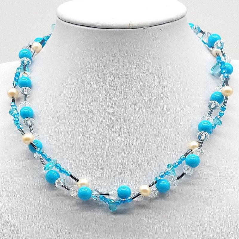 40181 2 Reihige Modekette Mit Hellblauen Glaskristallen Und Perlenimitationen von SevenArtsSchmuck