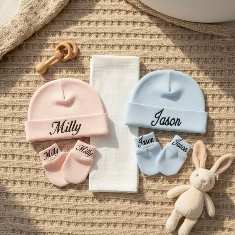 Personalisierte Baby Mütze Und Handschuhe Set Bestickte Neugeborene Baumwollmütze von SevenKidsStudio