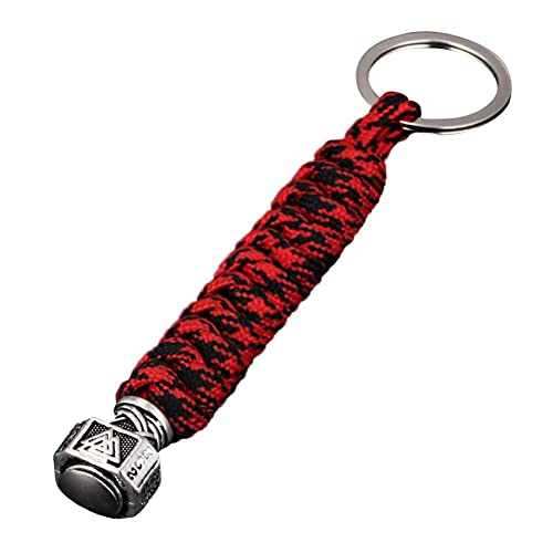 SevenMye Schlüsselanhänger mit antikem Wikinger Thor Mjolnir Anhänger und Metallring für Bergsteigen KFZ-Schlüssel im Vintage-Stil für Herren, Leder, mehrfarbig (rot) von SevenMye