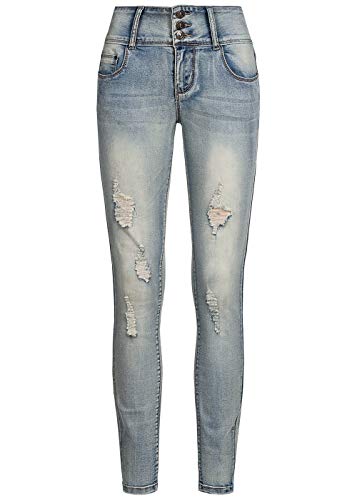 Seventyseven Lifestyle Damen Skinny Jeans Hose Destroy Look 5-Pockets medium blau Denim von Seventyseven Lifestyle