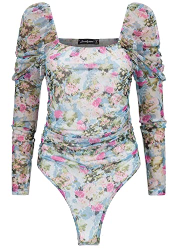 Seventyseven x Anniju Damen Body Langarm Mesh Body mit All Over Blumenprint multicolor von Seventyseven URBAN STREETWEAR