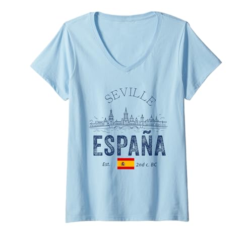 Damen Sevilla Spanien Flagge Souvenirs aus Sevilla España Bandera T-Shirt mit V-Ausschnitt von Seville Spain Souvenir Vacation Travel