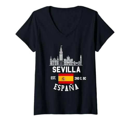 Damen Sevilla Spanien Souvenirs Flagge von Sevilla España Sevillian T-Shirt mit V-Ausschnitt von Seville Spain Souvenir Vacation Travel