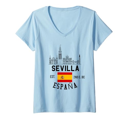 Damen Sevilla Spanien Souvenirs from Sevilla España Skyline Flag T-Shirt mit V-Ausschnitt von Seville Spain Souvenir Vacation Travel