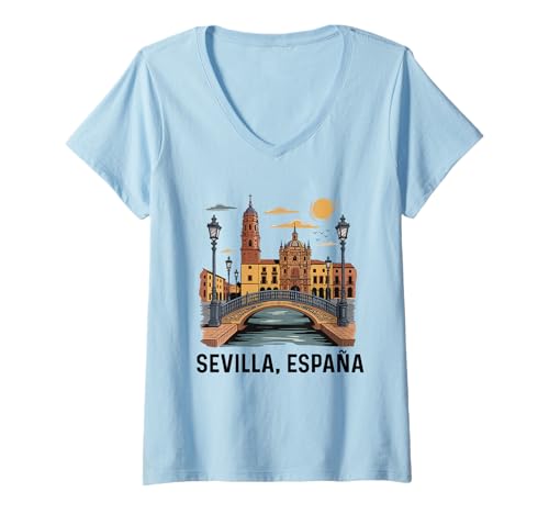 Damen Souvenirs aus Sevilla, Spanien, Erinnerung an die Skyline von Sevilla Espana T-Shirt mit V-Ausschnitt von Seville Spain Souvenir Vacation Travel