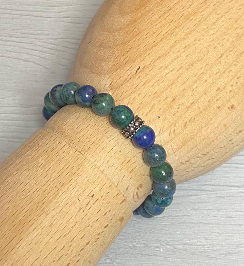 Azurit Edelstein Armband Naturperlen 8 Mm Verstellbarer Halbedelstein Runder Naturstein, 925 Sterlingsilber von SevimsDesign