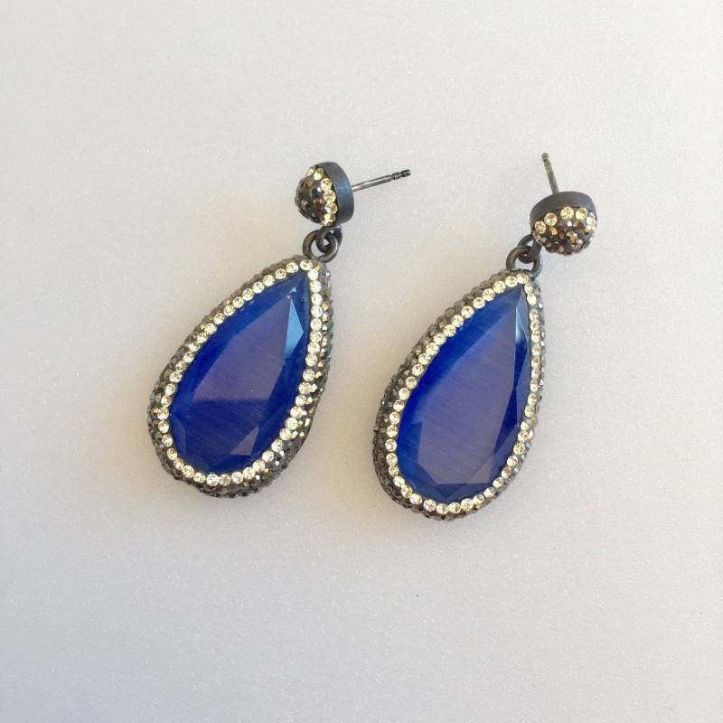 Blaue Tigerauge Edelstein Ohrringe Sterling Silber Swarovski Kristallleuchter von SevimsDesign