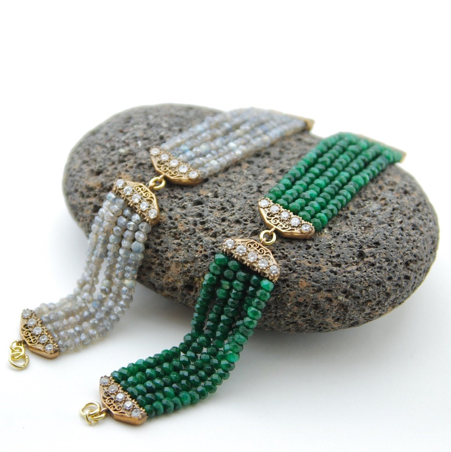 Grüne Jade & Labradorit Edelstein Armband Bronze Boho Style von SevimsDesign