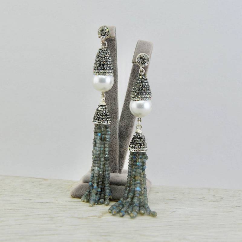 Labradorit Und Weiße Perle Sterlingsilber-Ohrringe von SevimsDesign