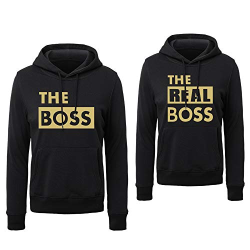 Pärchen Hoodie Couple Hoodie Pärchen Pullover Sweatshirt Paar Pulli The Boss The Real Boss Kapuzenpullover Partnerlook Couple Geschen Schwarz Weiß Grau 1 Stücke(Men-Gold-Schwarz,XL) von Sevpuikl