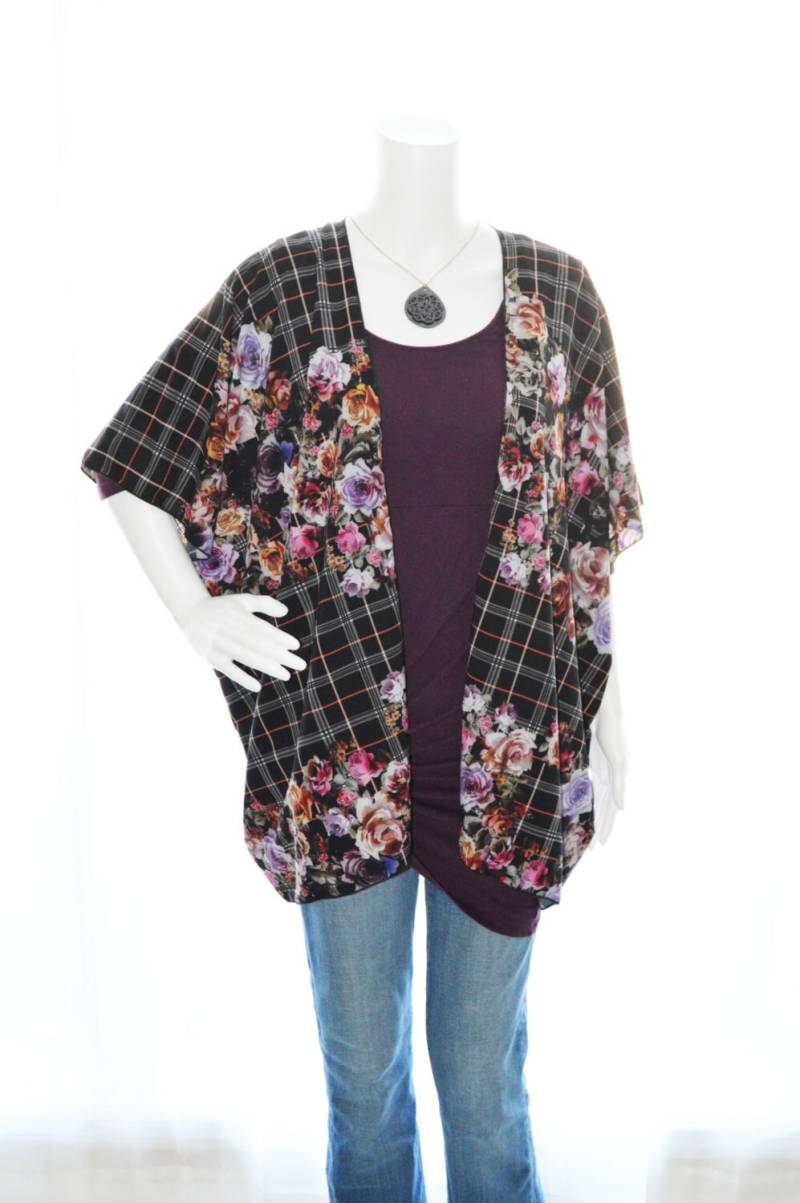 Floral Plaid Kimono Cardigan/Moderne Jacke Leichte Wrap Boho Top Strickjacke von SewJessStudio