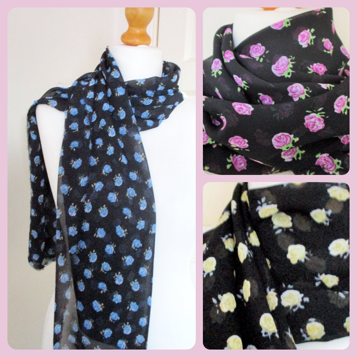 Chiffon Polka Floral Rosebud Schal Schwarz Blau, Zitrone, Lila Infinity Oder Gerade Atemberaubende Handarbeit Perfekte Geschenk Leichte Schere von SewKura