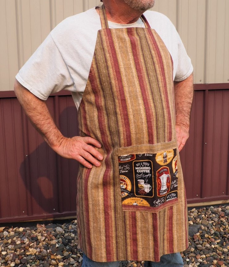 Gestreifte Baumwollschürze Mit Kaffeetasche - Handgemachte Unisex-Küchenkleidung Gestreifte Baumwollschürze Mit Kaffeetasche - Handgemachte Unisex-Küchenkleidung von SewNeededShop
