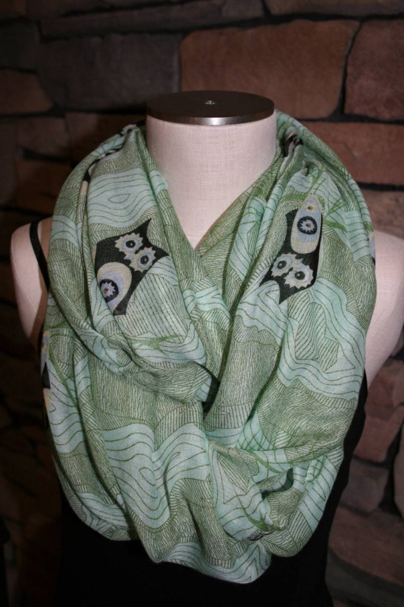 Eulen Infinity Schal - Grüner Eule Chunky Woodland Schal Loop Schal-Eule-Accessoires-Sommer Schal-Origami von SewPriorAttireMitten