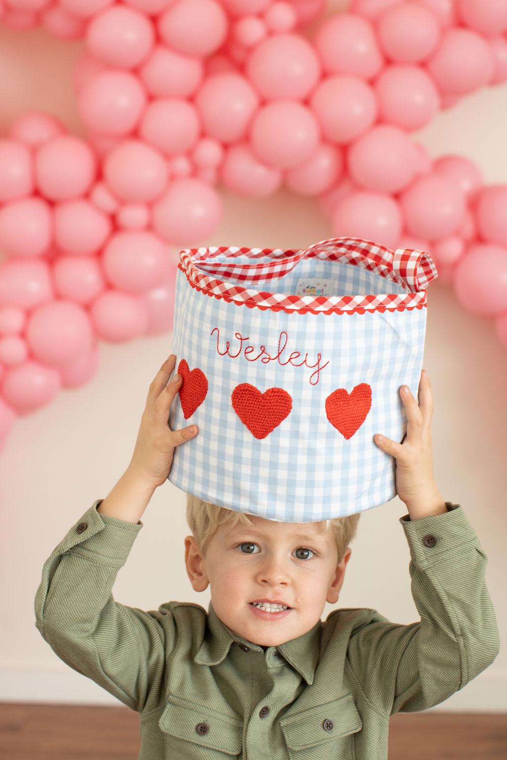 Jungen Personalisierter Valentinstag Eimer, Blaue Gingham Tasche, Geschenk Für Kinder, Herz Tasche Karte Austausch von SewSweetDesignsForU