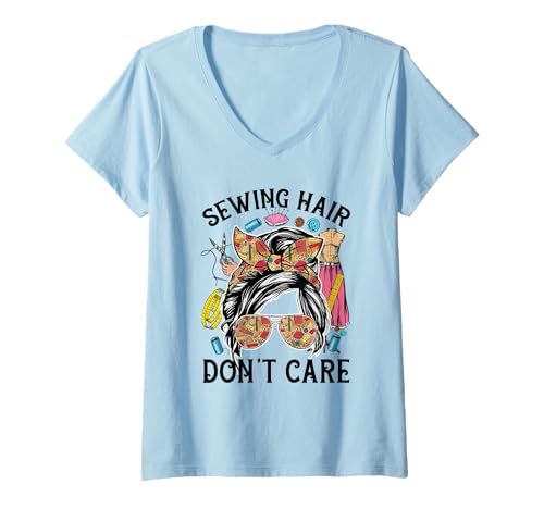 Damen Sewing Hair Don't Care Quilting Seamress Sewing Messy Bun T-Shirt mit V-Ausschnitt Damen Sewing Hair Don't Care Quilting Seamress Sewing Messy Bun T-Shirt mit V-Ausschnitt von Sewing Hair Don't Care Quilting Sewing Messy Bun