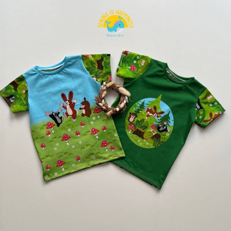 Der Kleine Maulwurf Pauli Unisex Kurzarm Tshirt Für Baby Und Jungs Mädchen| in Blau Grün - Baumwolljersey Ab Gr. 74 Bis 128 von SewingIsHappinessDE