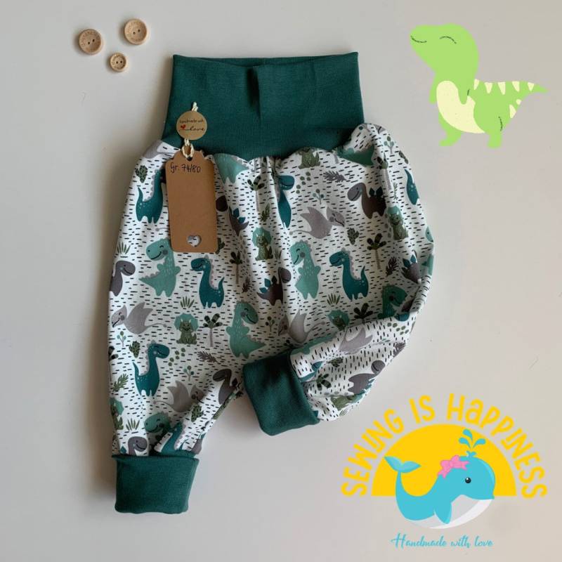 Lange Pumphose Dinosaurier Jersey/Mitwachshose - in Weiß Stahlblau Rotbraun Bündchenhose Gr.50-104 Kinder Jungs Baumwolljersey von SewingIsHappinessDE