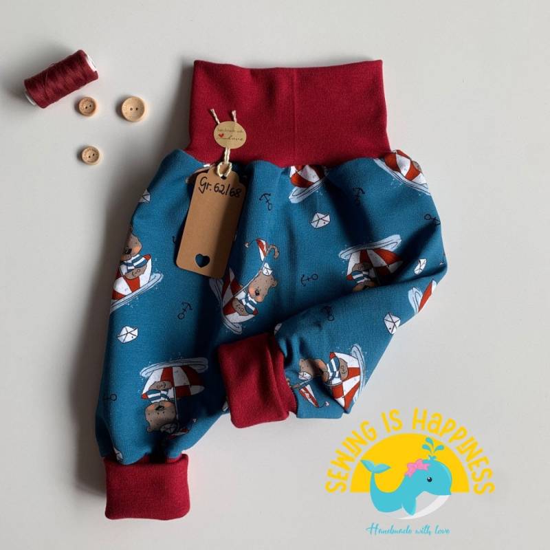 Pumphose Baby Junge Mit Bär || French Terry Maritim Mitwachshose Bündchenhose Baggyhose Gr.50-104 von SewingIsHappinessDE