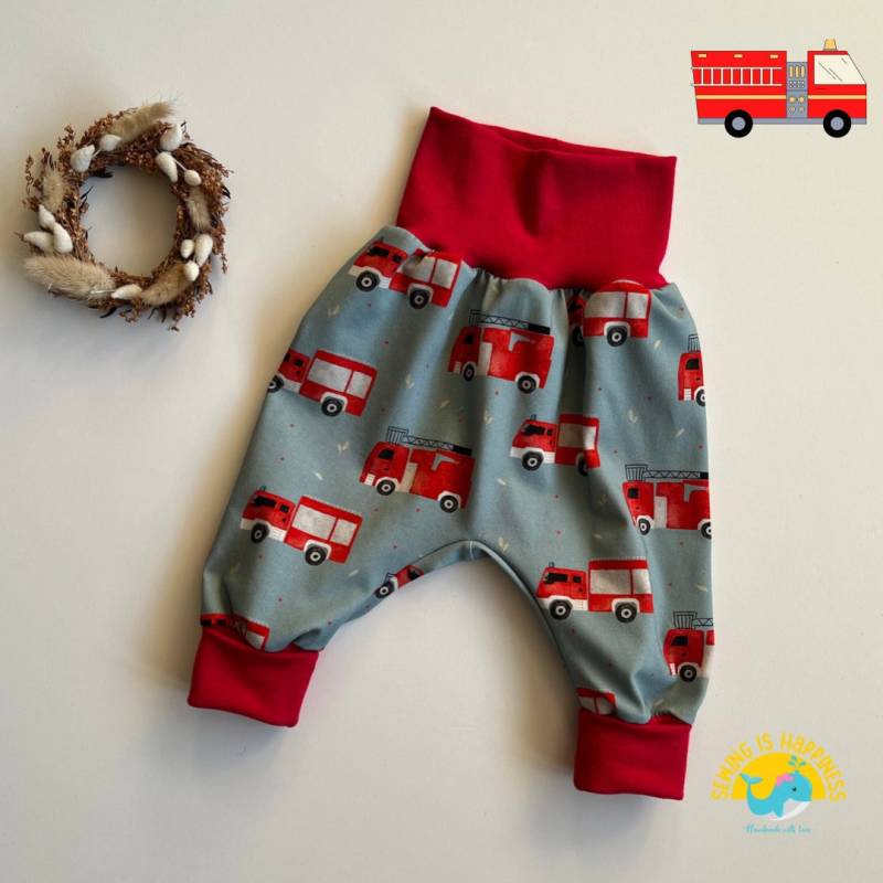 Pumphose Baby Jungen Feuerwehr in Blau | Tatütata Mitwachshose Bündchenhose Bio Baumwolljersey Ab Gr.56 Bis Gr.104 von SewingIsHappinessDE