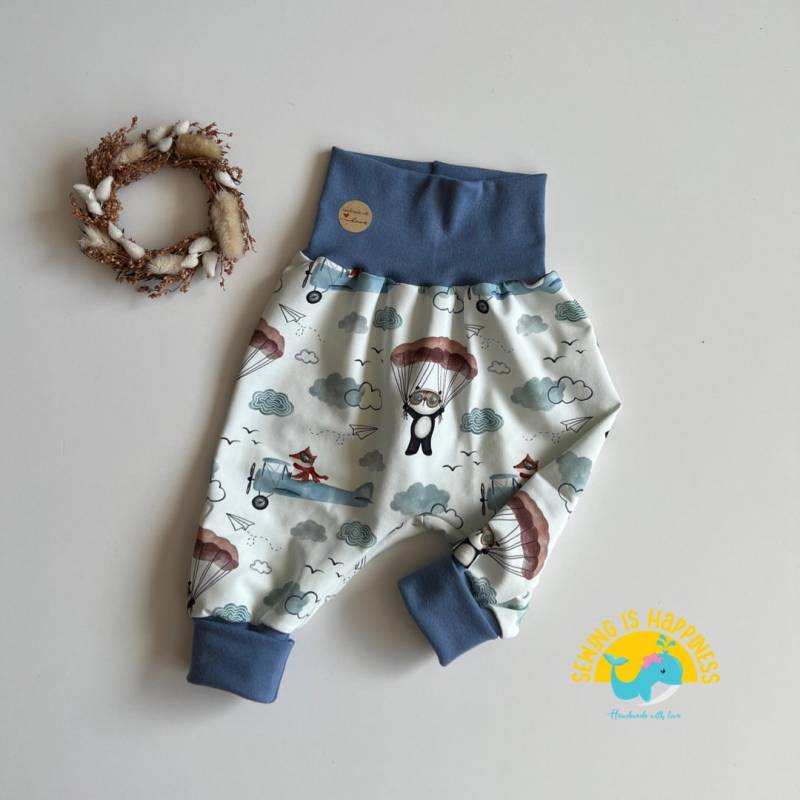 Pumphose Baby Jungen Panda Und Fuchs in Blau Mit Bündchen | Kinder Unisex Mitwachshose Aus Baumwolljersey Ab Gr.50 Bis Gr.104 von SewingIsHappinessDE