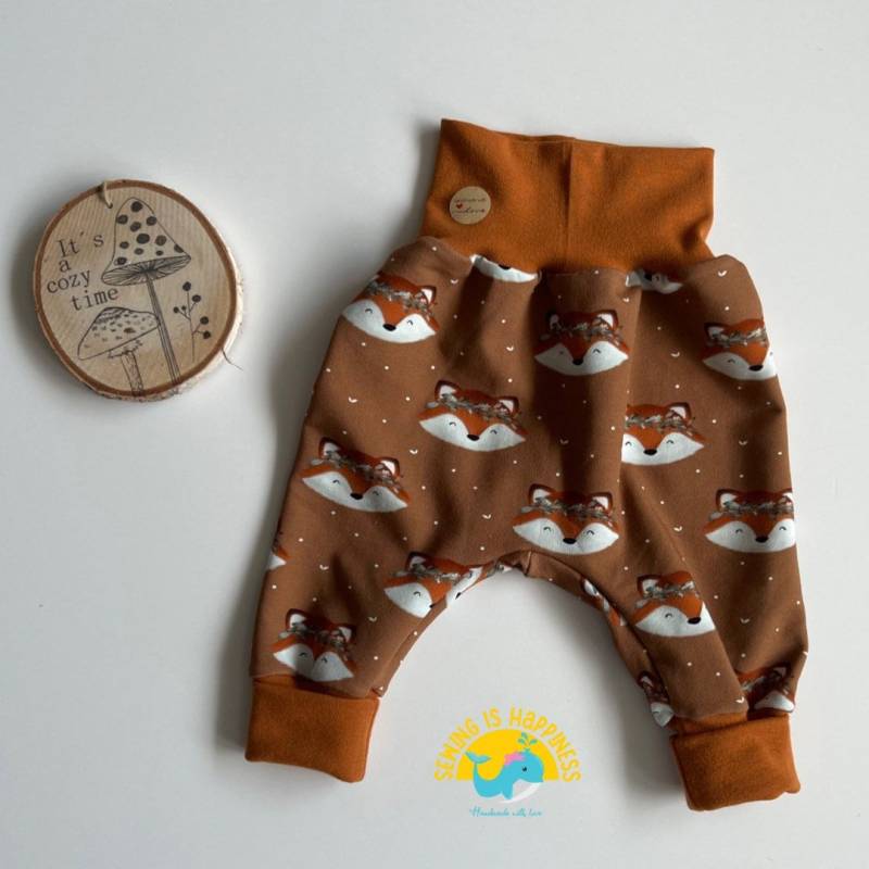 Pumphose Baby Mädchen Waldtiere Mit Fuchs Aus French Terry | Ab Gr.50 Bis Gr.104 Rotbraun Und Helles Altgrün von SewingIsHappinessDE