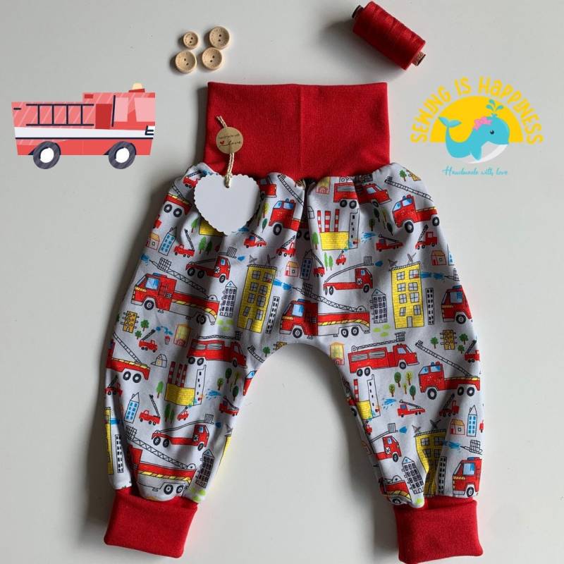 Pumphose Feuerwehr Baumwolljersey Tatütata - Babies Jungs Kinder Ab Größe 50 Bis 104 Feuerwehrauto Mitwachshose Bündchenhose von SewingIsHappinessDE