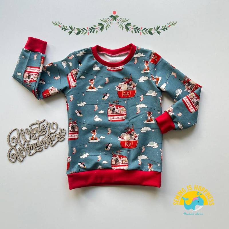 Weihnachtspullover Für Baby Kinder Jungen Mädchen Mit Tieren | Unisex French Terry Türkis Ab Gr. 74 Bis Gr. 140 Weihnachtsgeschenke von SewingIsHappinessDE