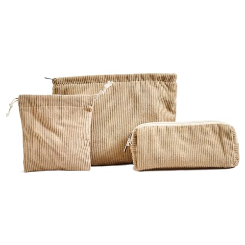 3 stück Kosmetiktasche, schminktasche klein,reißverschlüsse,kordsamt Kosmetiktasche Cord,travel Cosmetic Organizer für Damen mädchen,Khaki von Sewokon
