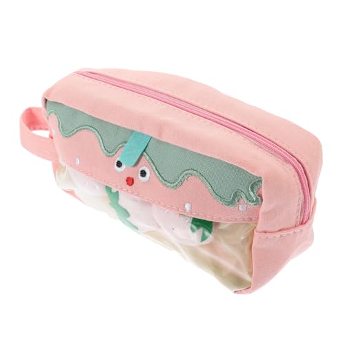 Sewroro Großes Schüler Federmäppchen mit Erdbeer Cartoon Motiv Langlebiger Canvas Stiftemäppchen mit Starkem Reißverschluss Multifunktionale Schreibwaren Tasche für Schule und Makeup von Sewroro