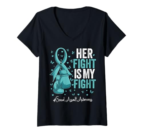 Damen Teal Ribbon Survivor Fighter Bewusstsein für sexuelle Übergriffe T-Shirt mit V-Ausschnitt Damen Teal Ribbon Survivor Fighter Bewusstsein für sexuelle Übergriffe T-Shirt mit V-Ausschnitt von Sexual Assault Awareness Tees